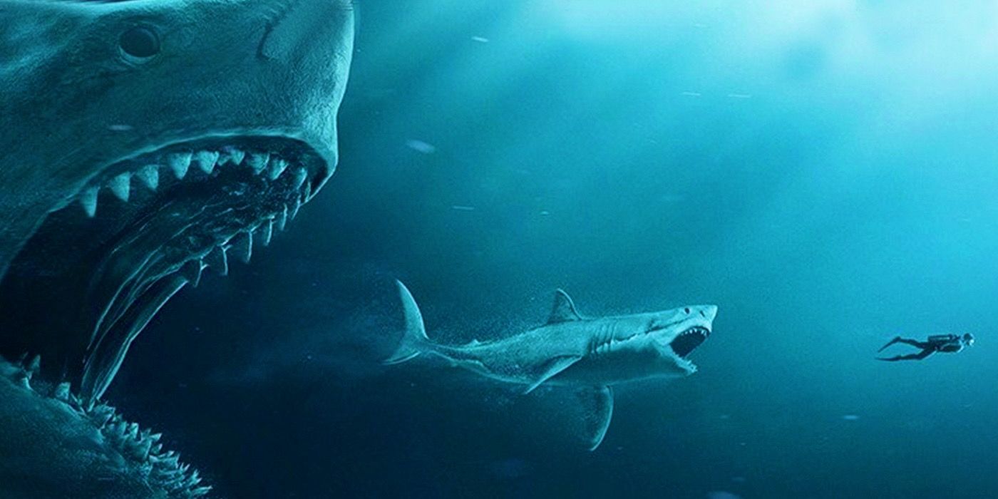 Sharks attack each other on the poster for The Meg
