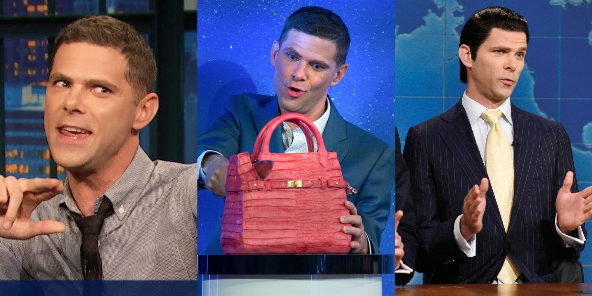 Three images of Mikey Day on TV