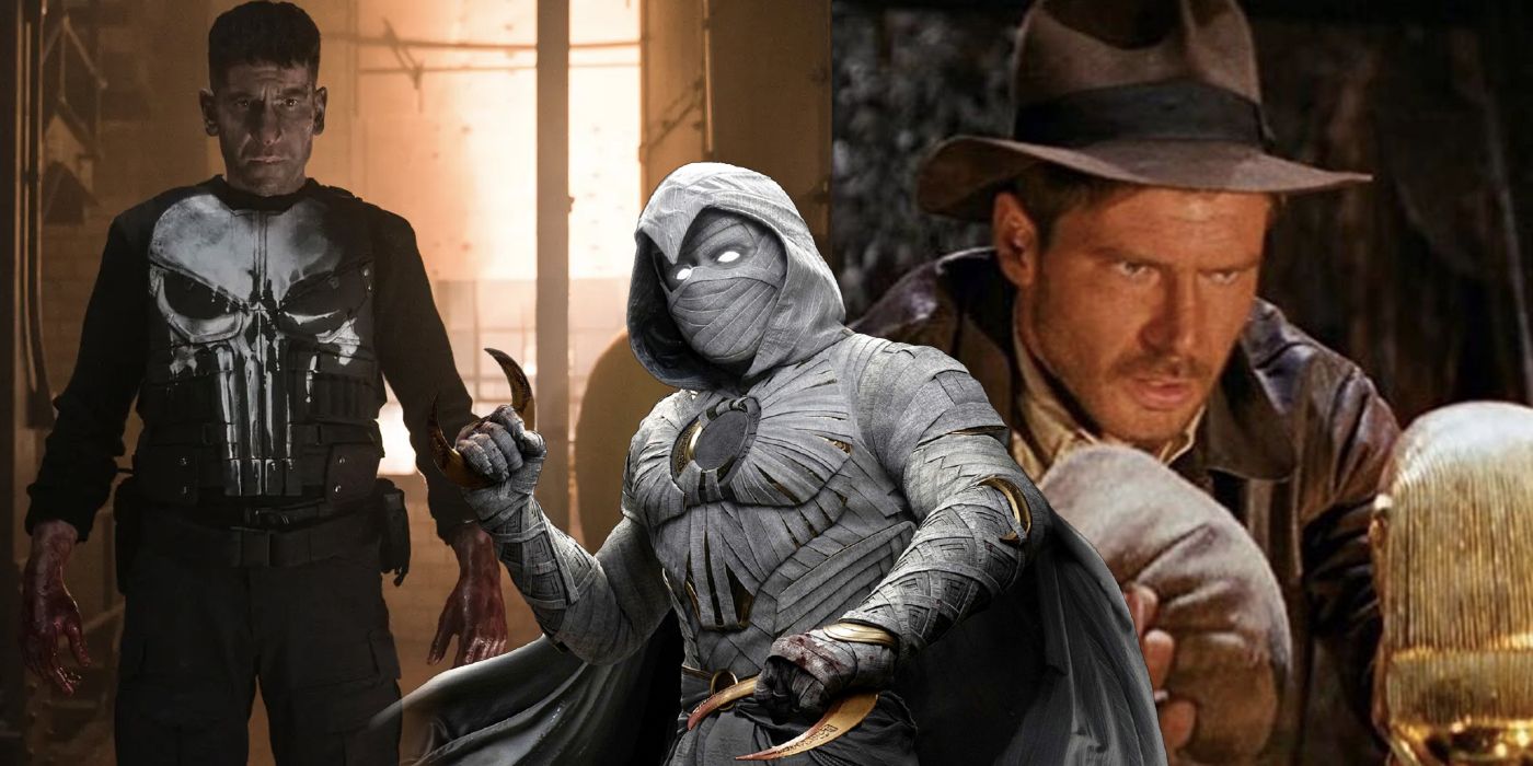 A split image of Moon Knight, The Punisher, and Indiana Jones
