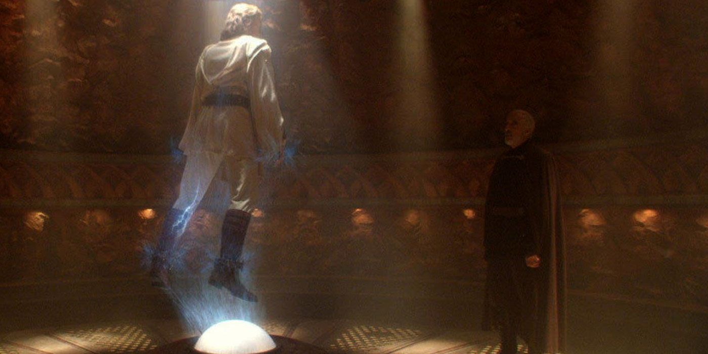 Obi-Wan Kenobi facing Count Dooku on Geonosis.