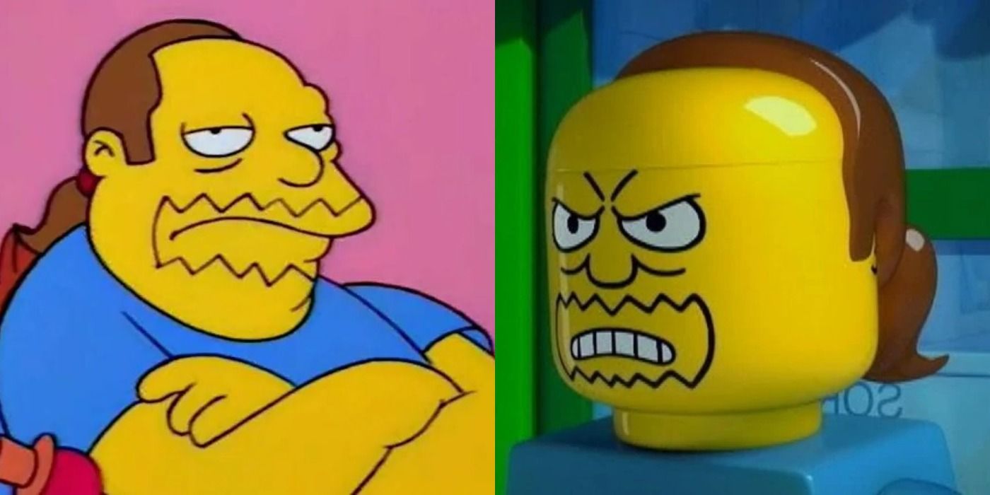 Comic Book Guy sits in anger, arms folded, at the Simpsons house, and LEGO Comic Book Guy stares furiously at an off-screen LEGO Bart Simpson.