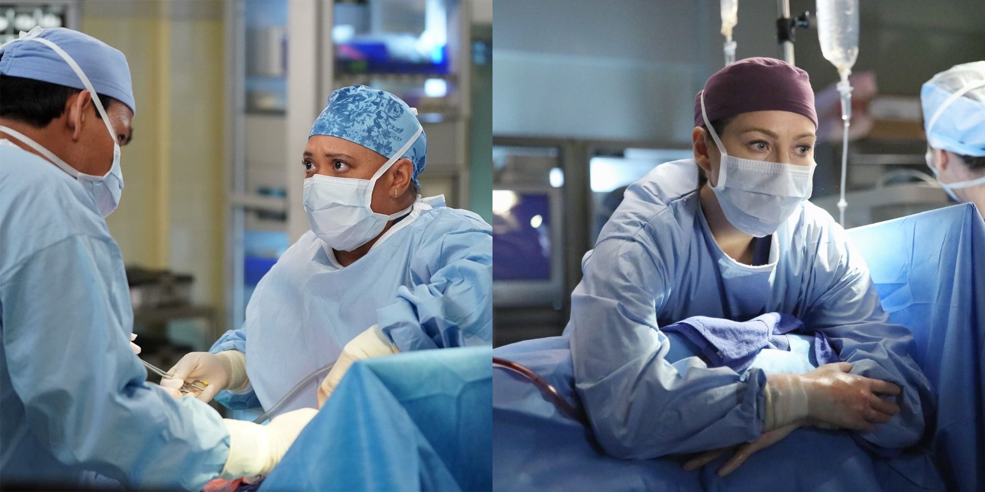 Split image - Bailey performing surgery looking worried / Meredith hunched over her patient during surgery