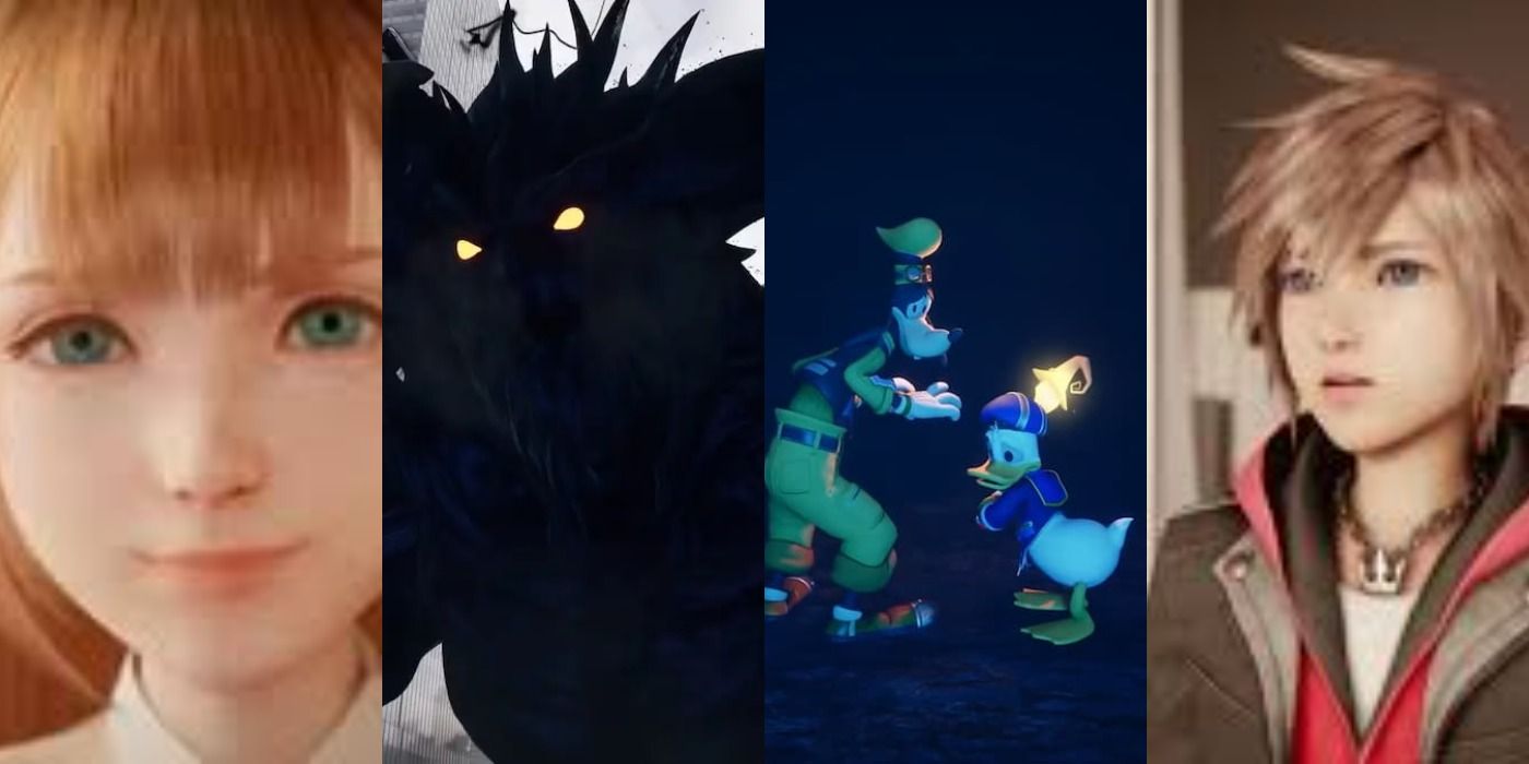 four way split image of kairi, sora, donald and goofy and the heartless