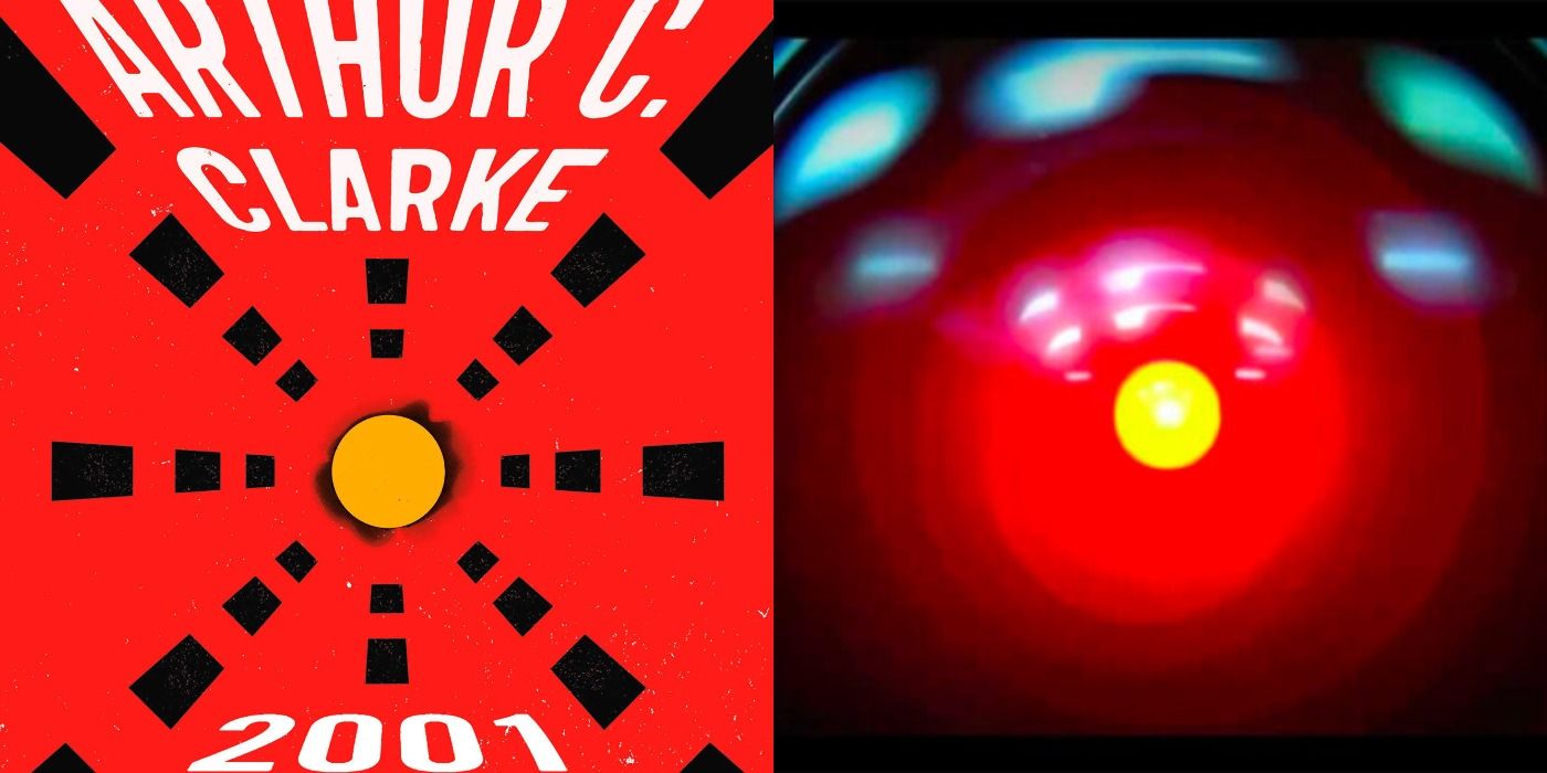 Side by side images of the book cover of 2001 A Space Odyssey and a still of HAL 9000.