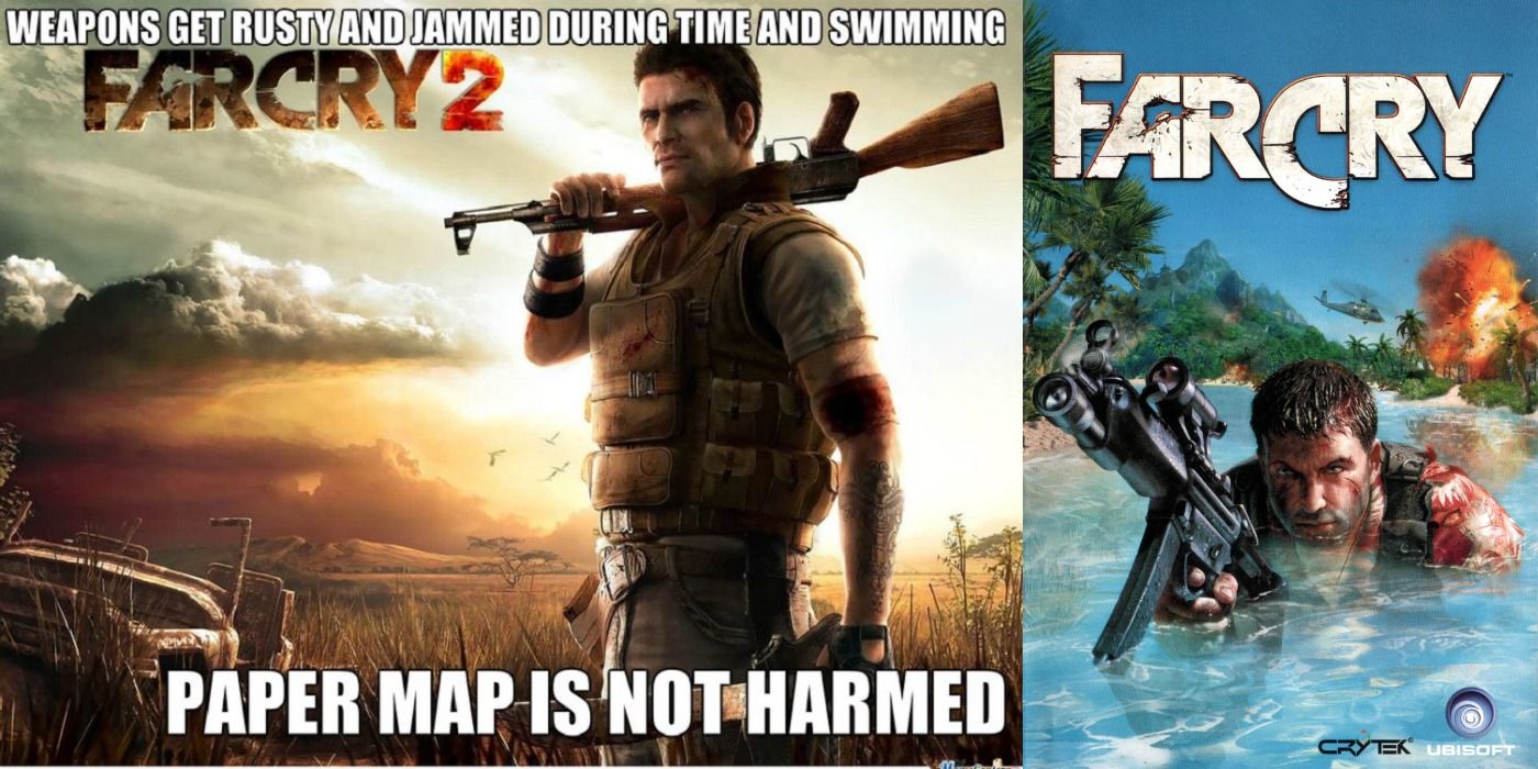Split image of a Far Cry meme and promo image