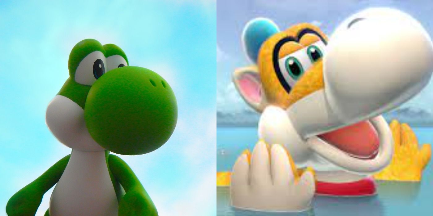 Split image of Yoshi and Plessie in Super Mario Games
