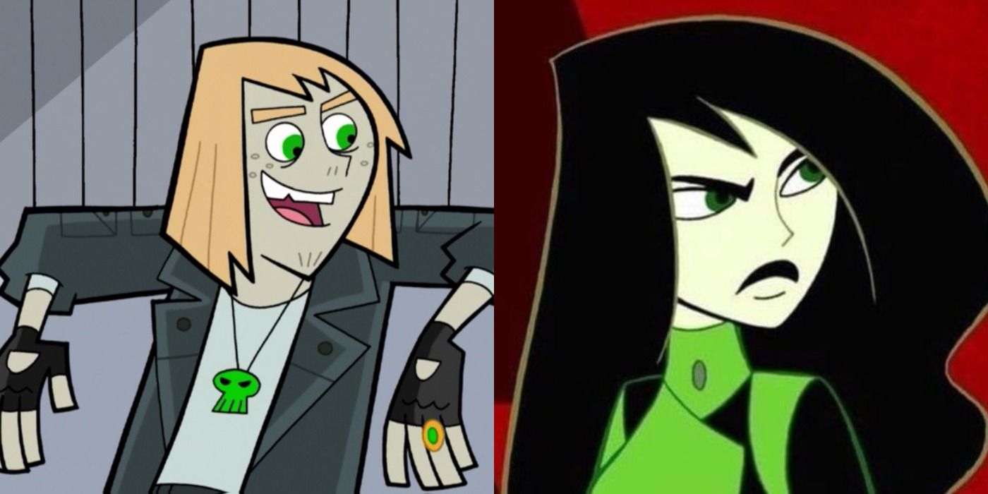 Johnny 13 sitting on a couch on left and Shego frowning on right