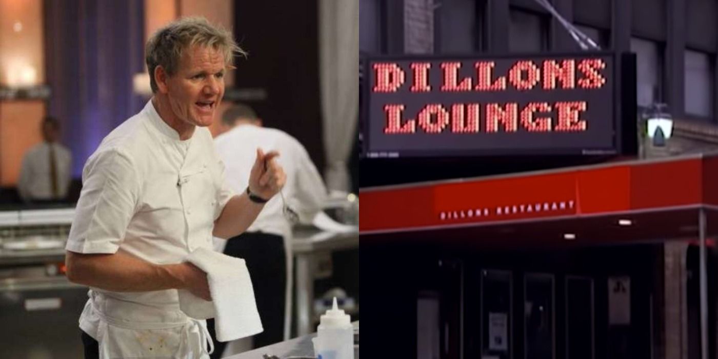 Split image of Gordon Ramsay on Kitchen Nightmares and the sign for Dillon's Lounge