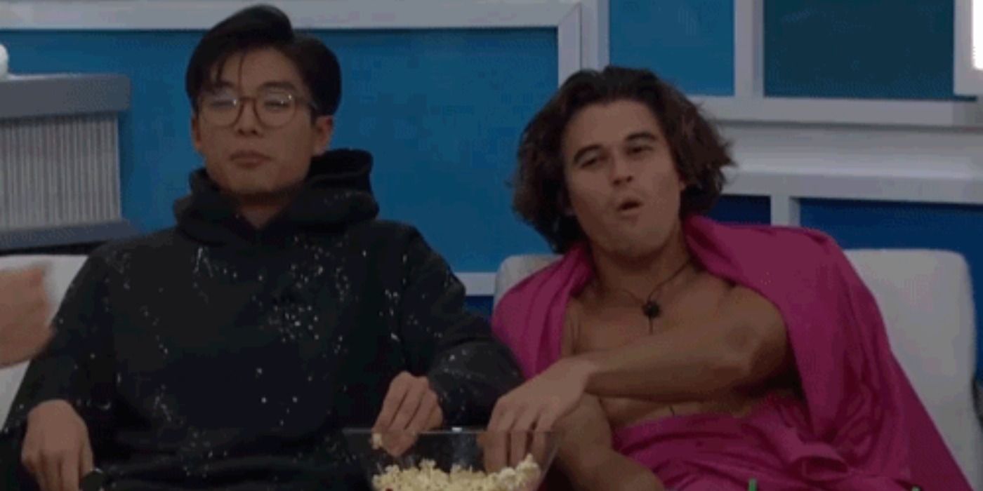Derek Xiao and Travis Long eating popcorn together on big brother 23