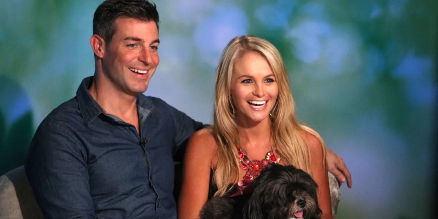 Jeff, Jordan, and their dog in the big brother diary room.