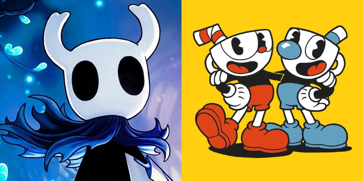 Split image of the Knight in Hollow Knight and Mugman and Cuphead in Cuphead