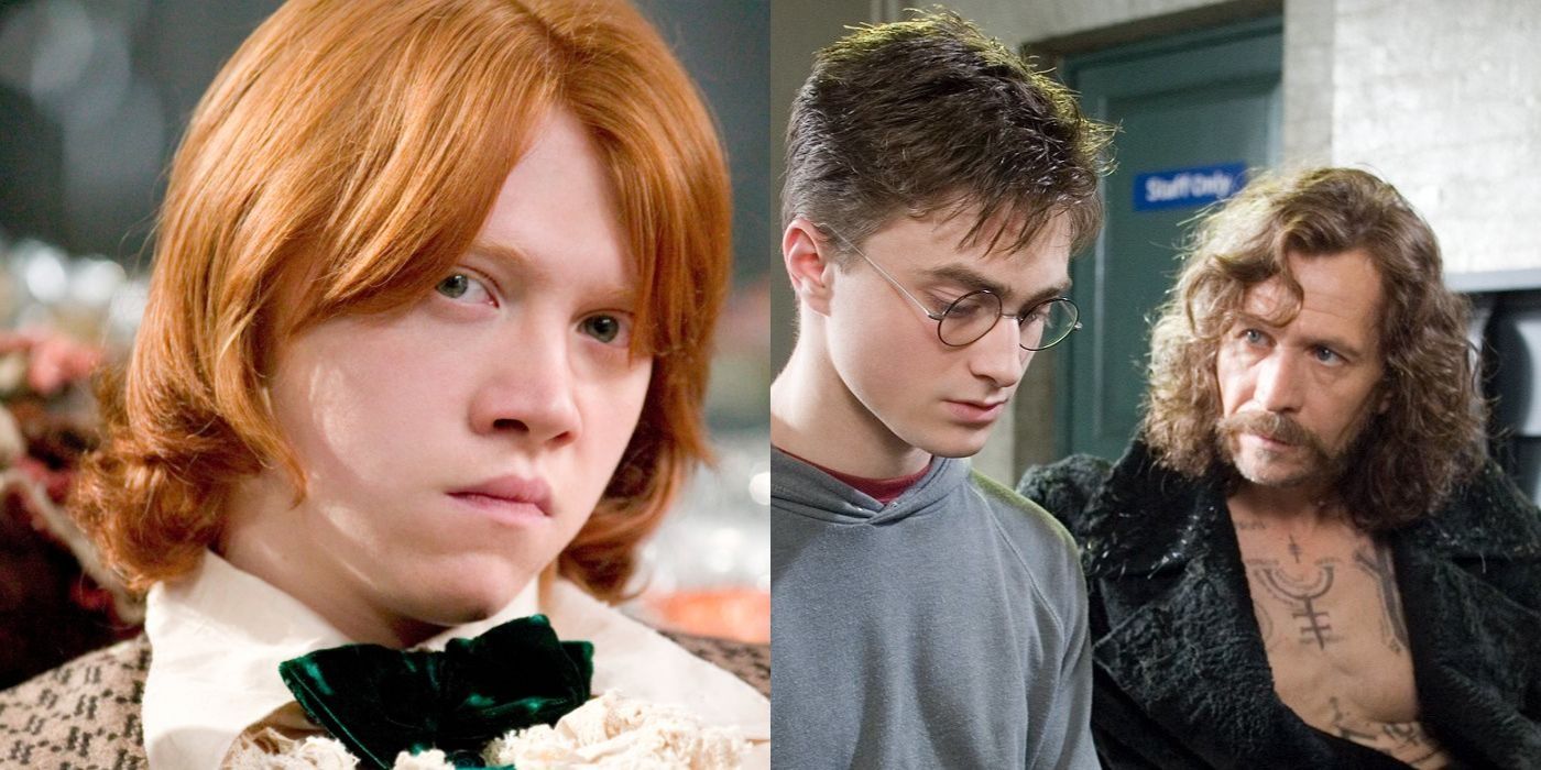 Split image of Ron Weasley with Harry Potter and Sirius Black
