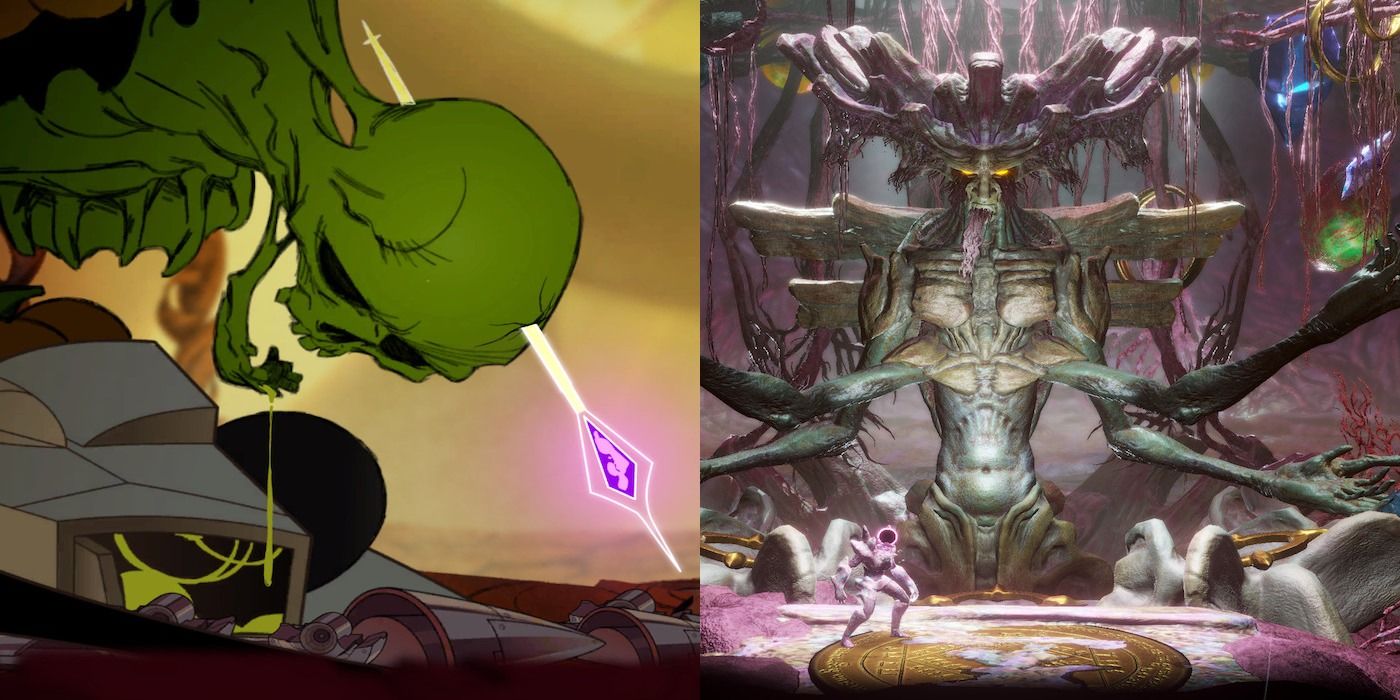 Split image of screenshots from Sundered and Grime
