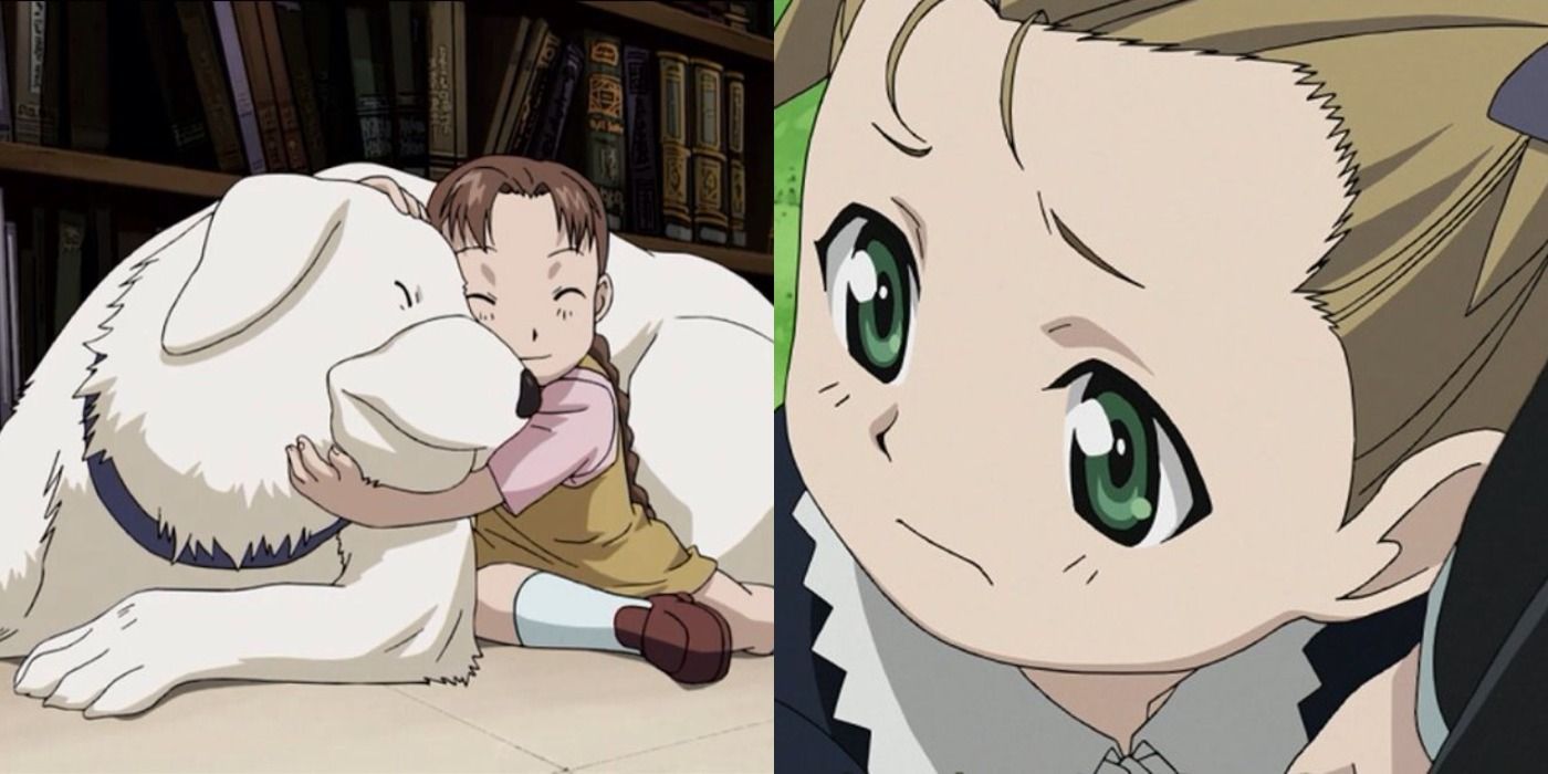 Split image of Alexander, Nina, and Elicia in Fullmetal Alchemist Brotherhood