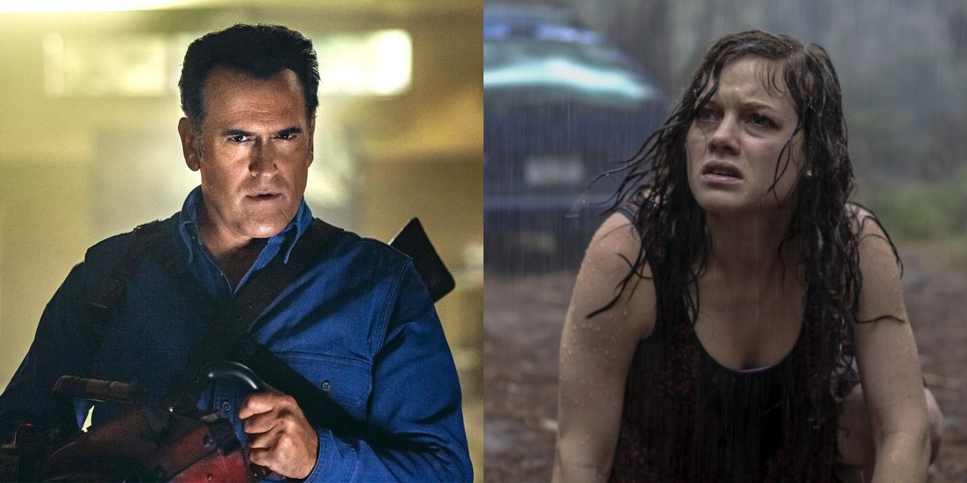 Split image of Ash Williams and Mia Allen from the Evil Dead franchise