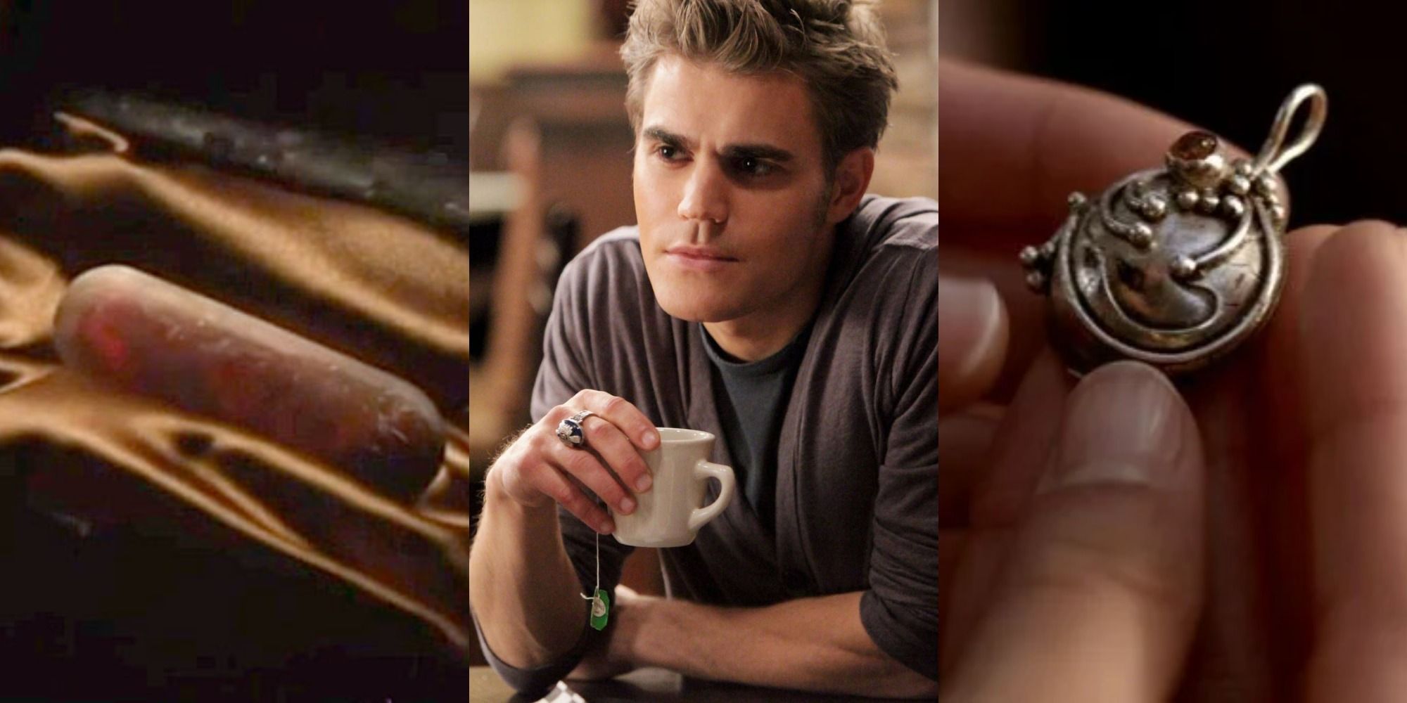 Split image of the cure, Stefan wearing a daylight ring, Elena's necklace in The Vampire DIaires