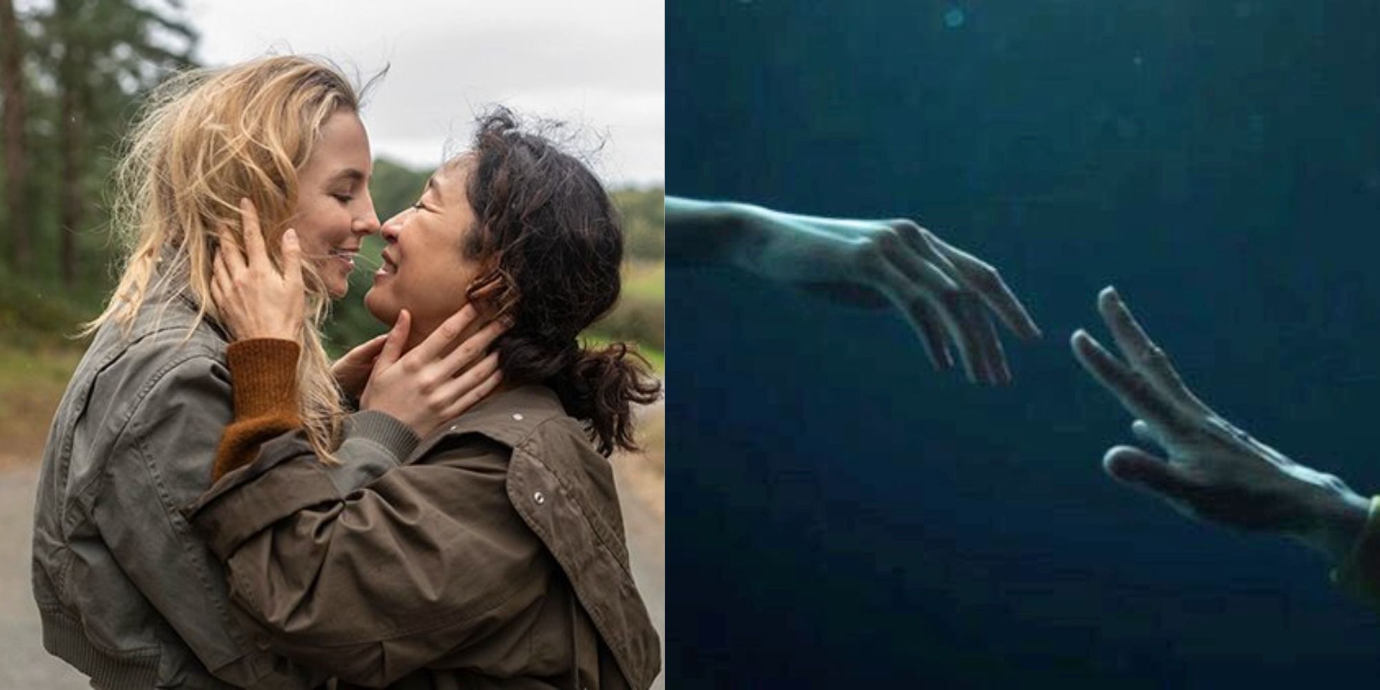 Split image of Eve and Villanelle kissing, and their hands reaching for each other in Killin geve.