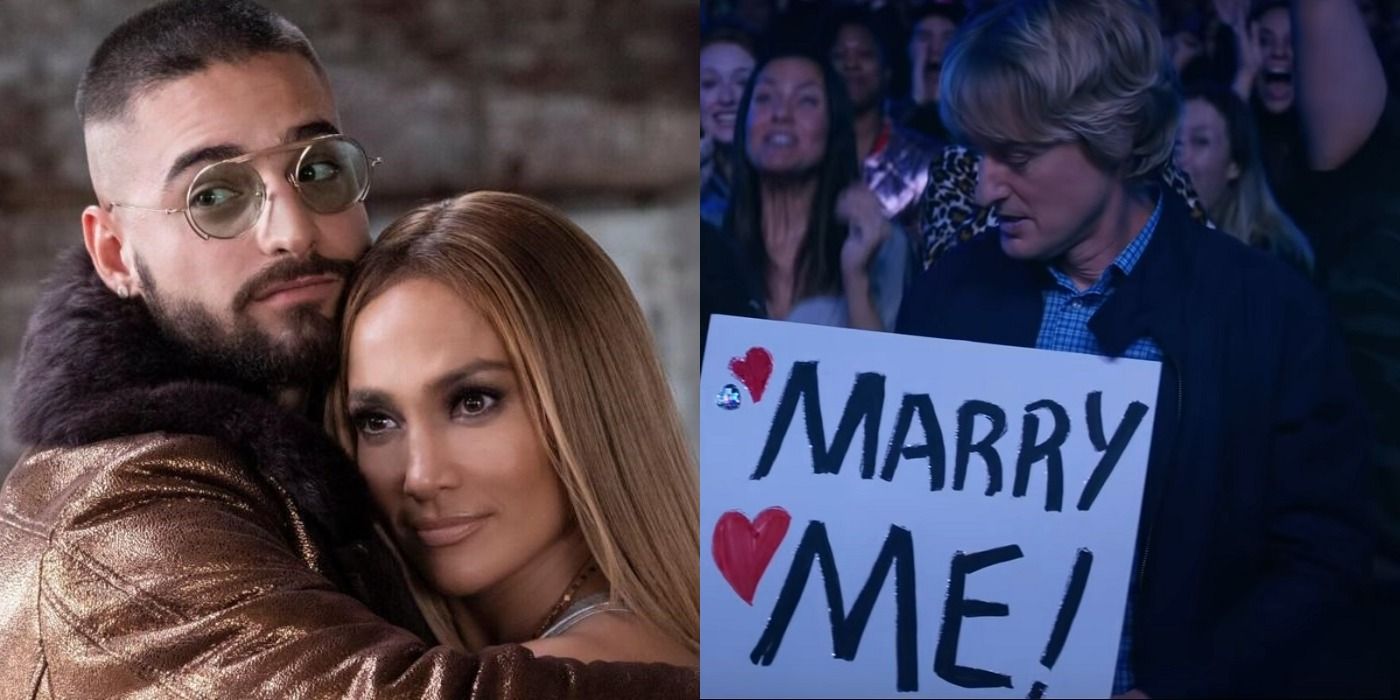 Split image of Maluma, Jennifer Lopez, and Owen Wilson in Marry Me