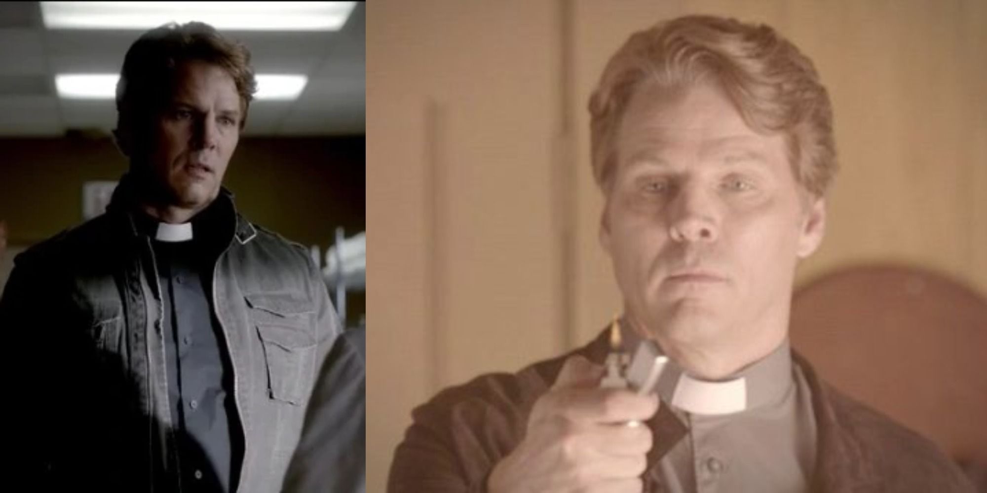 Split images of Pastor Young, the second of which shows him holding a lighter in The Vampire Diaries.