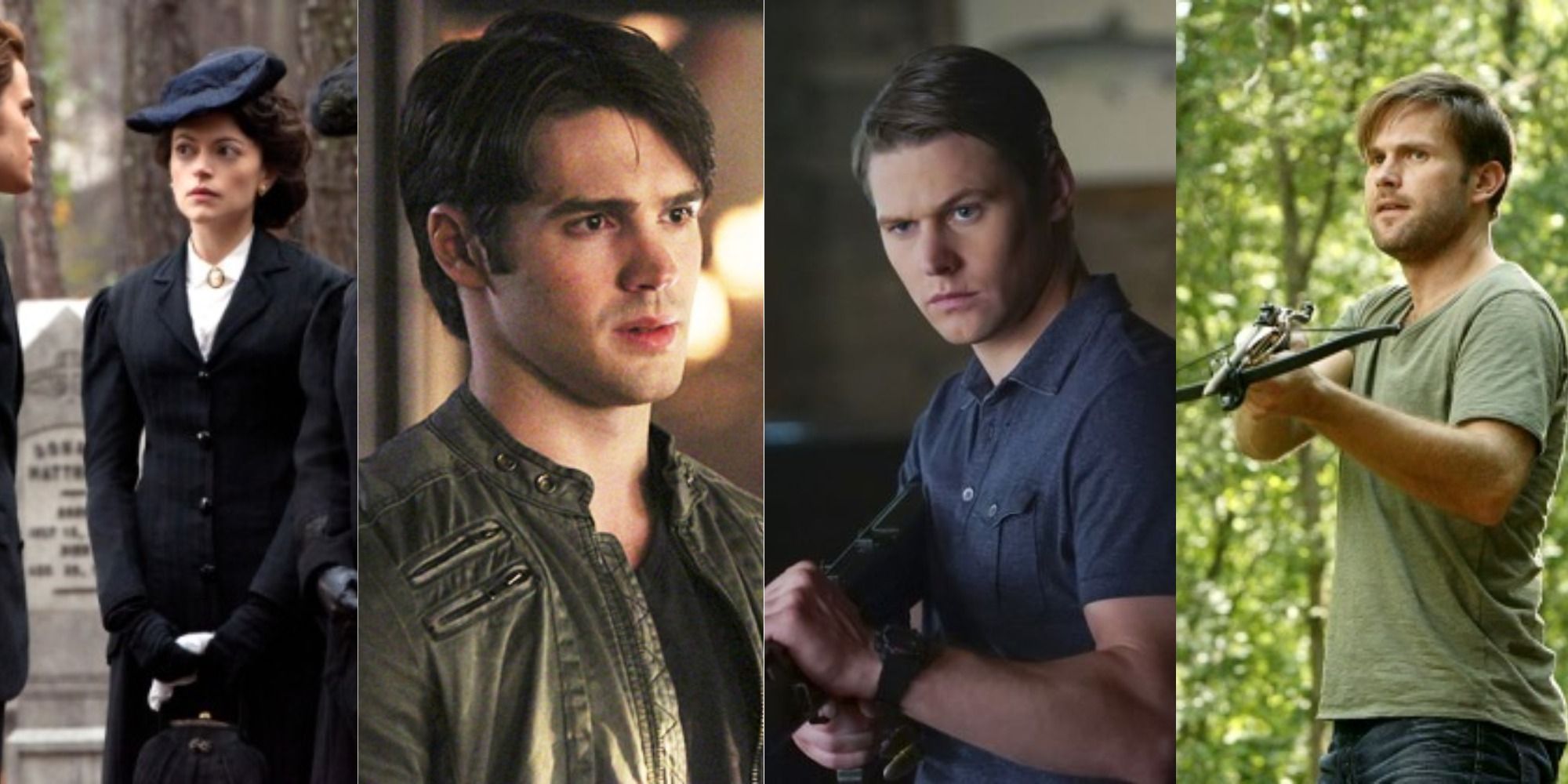 Split image of Samantha, Jeremy, Matt and Alaric in The Vampire Diaries.