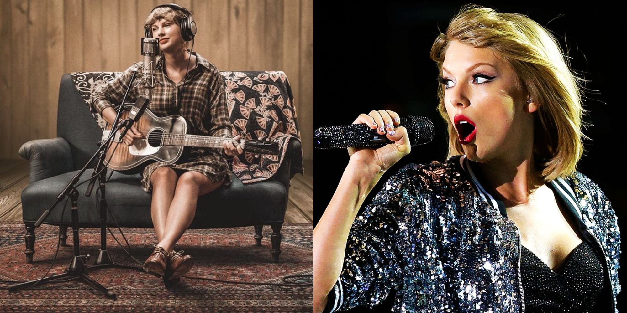 Split image of Taylor Swift in the Long Pond Sessions, and Taylor in concert.