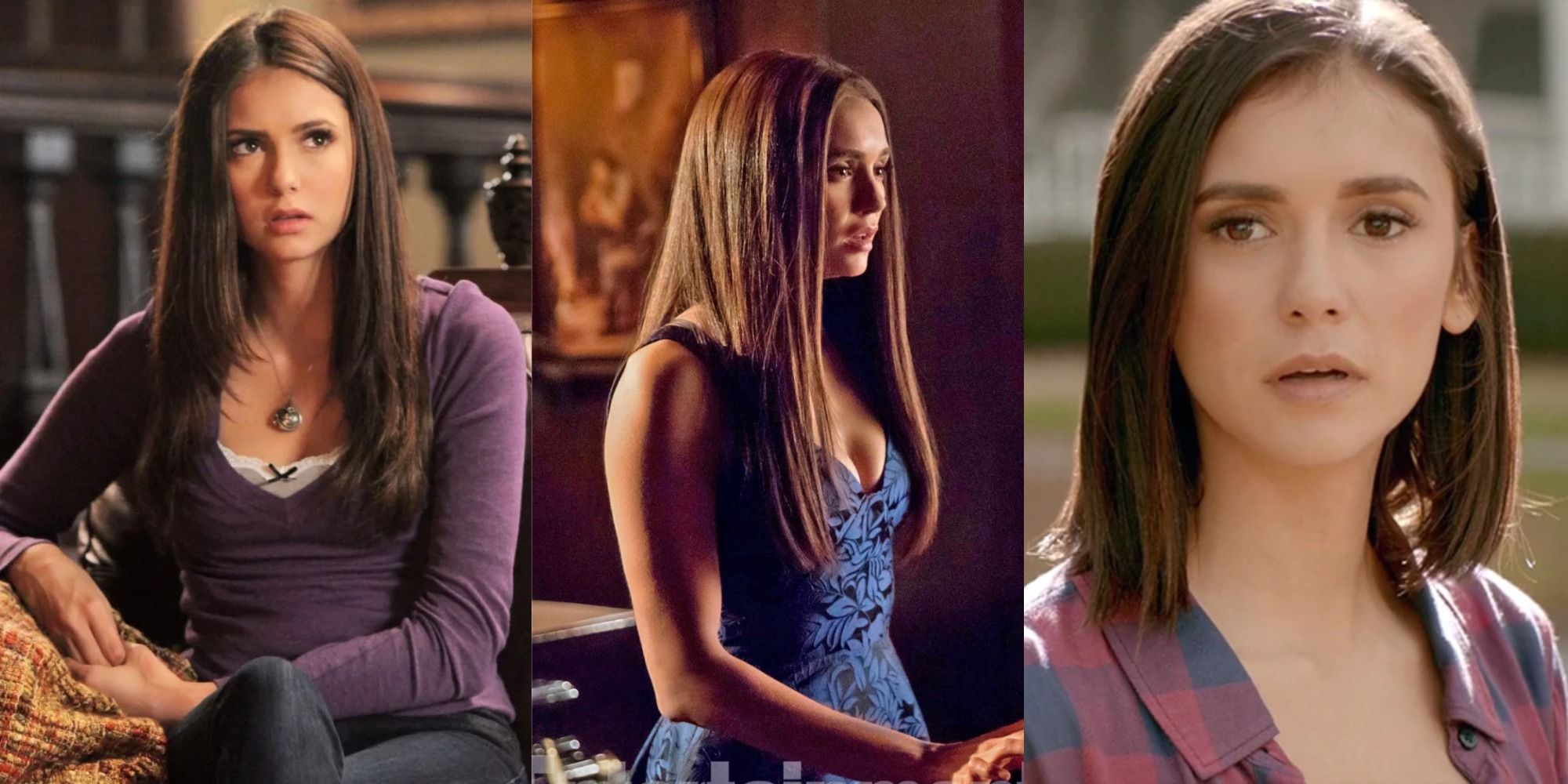 Split image of Elena from season 1, Elena waking up, and her last scene in The Vampire Diaries.