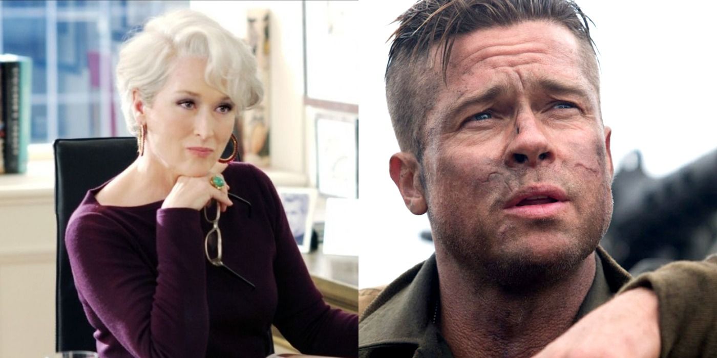 Split image of Meryl Streep in The Devil Wears Prada and Brad Pitt in Fury