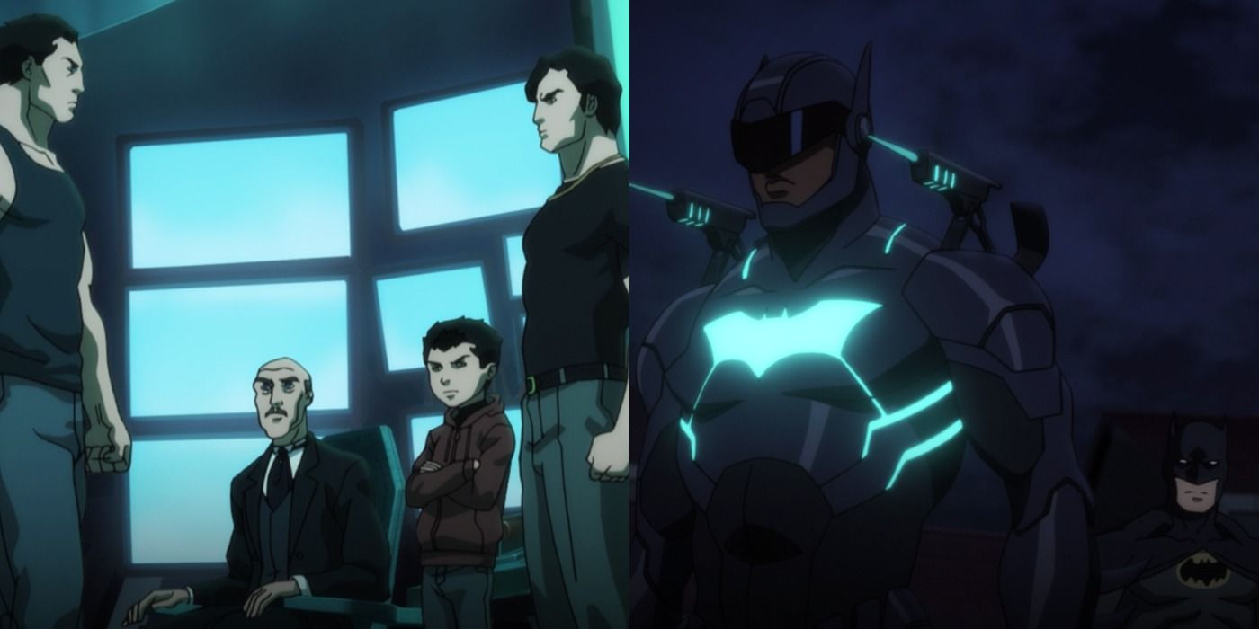 Split image of Batman and the Batfamily (Alfred, Dick, and Damian) and an image of Luke Fox as Batwing