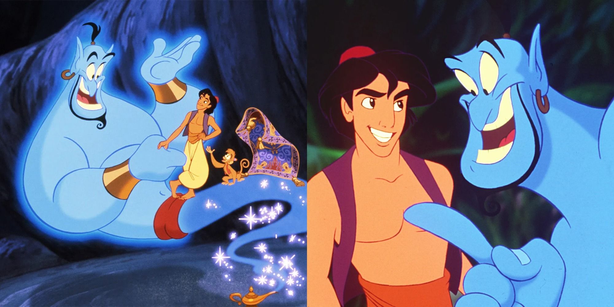 Split image of Genie, Aladdin, Abu, and the carpet talking, and Genie and Aladdin smiling in Aladdin.