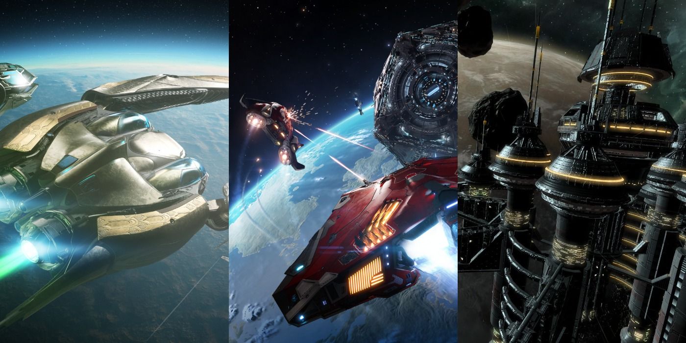 A collage of the space simulation video games Star Citizen, Elite Dangerous, and X3.