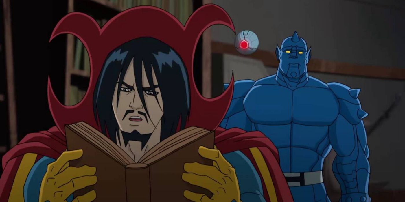 Doctor Strange reading with A-Bomb behind him in a Disney cartoon