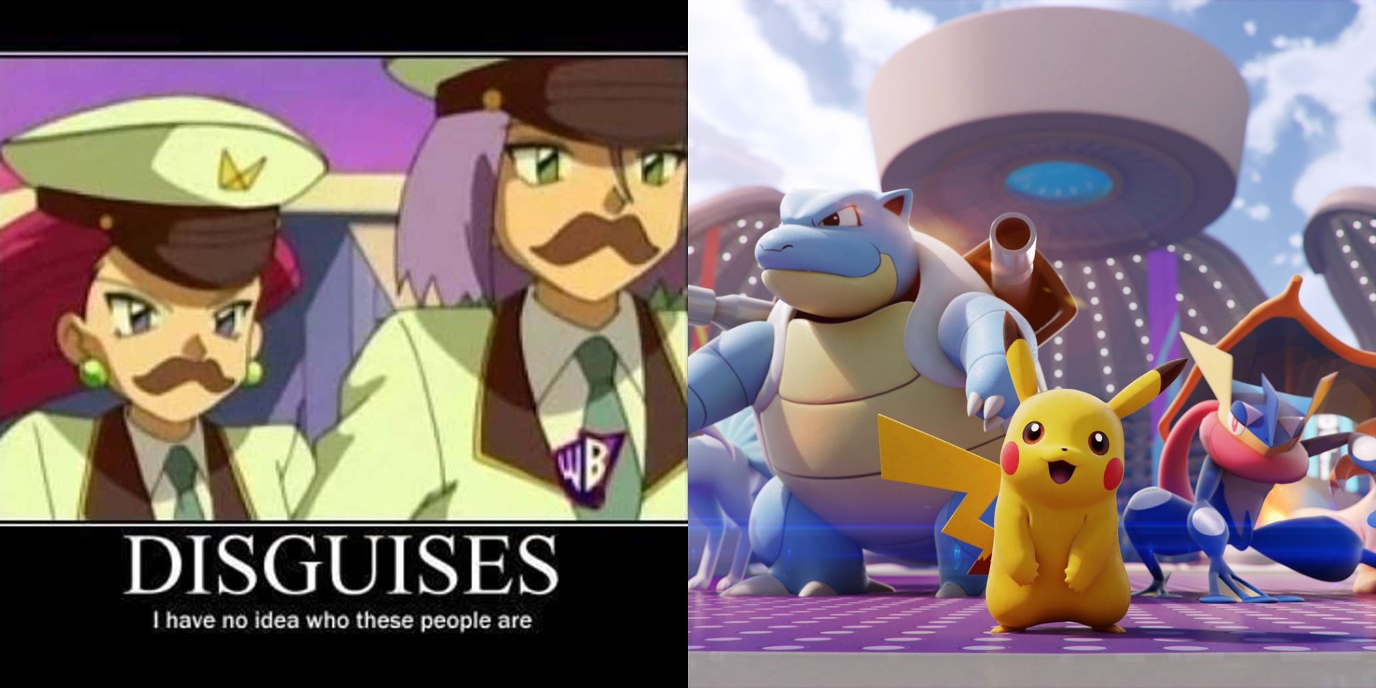 Split image of a Pokemon meme and an image of Pokemon Unite