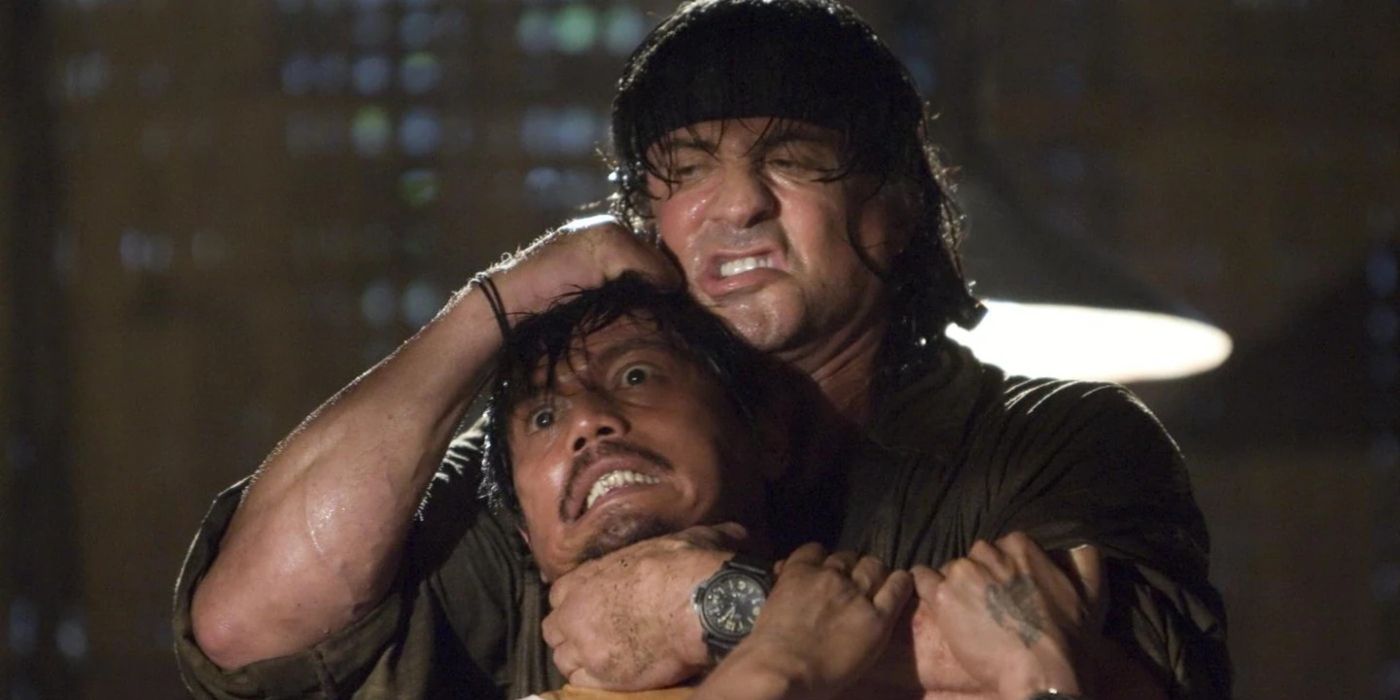 John Rambo chokes out a bad guy in Rambo 2008