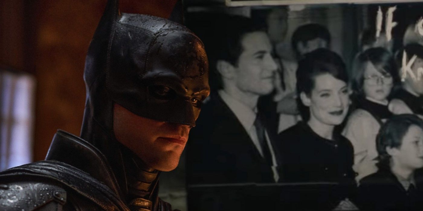 robert pattinson in the batman in front of an old Wayne family photo