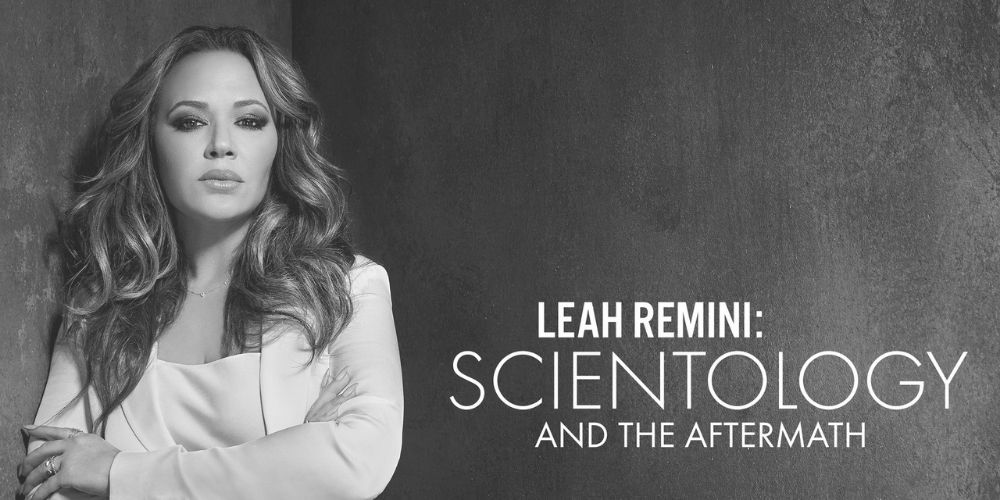 Leah Remini poses in black and white in the title card for Scientology and the Aftermath