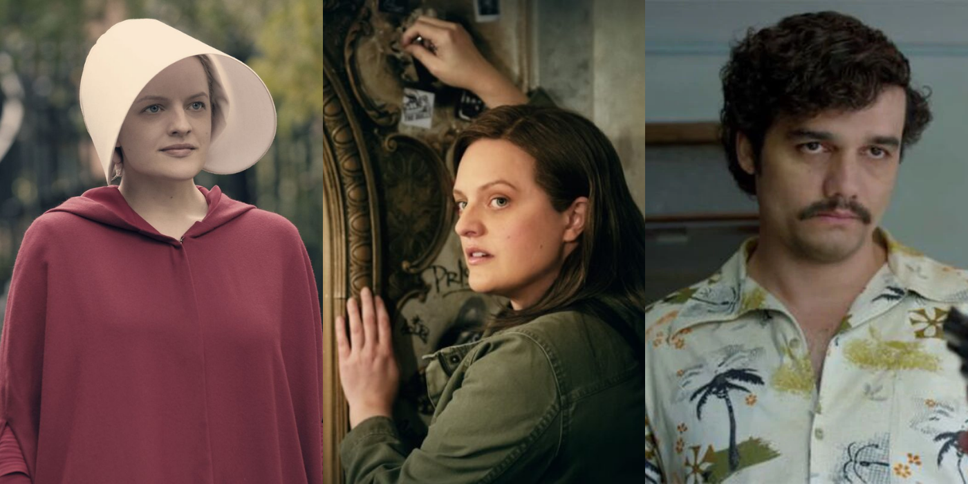 Split image showing Elisabeth Moss in The Handmaiden's Tale and Shining Girls, and Wagner Moura in Narcos.