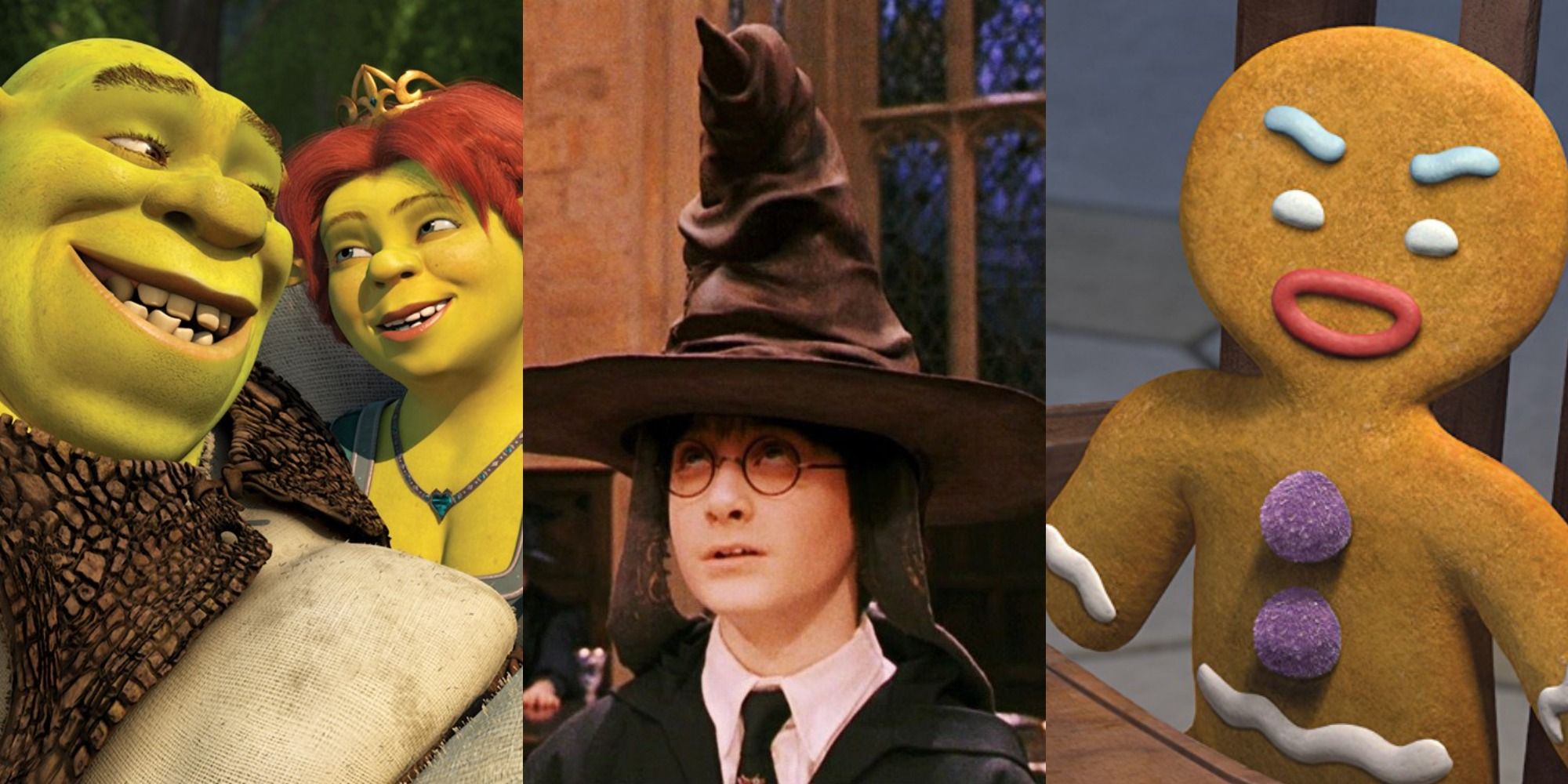 Shrek and Fiona, Harry Potter in the sorting hat, and Gingy from Shrek