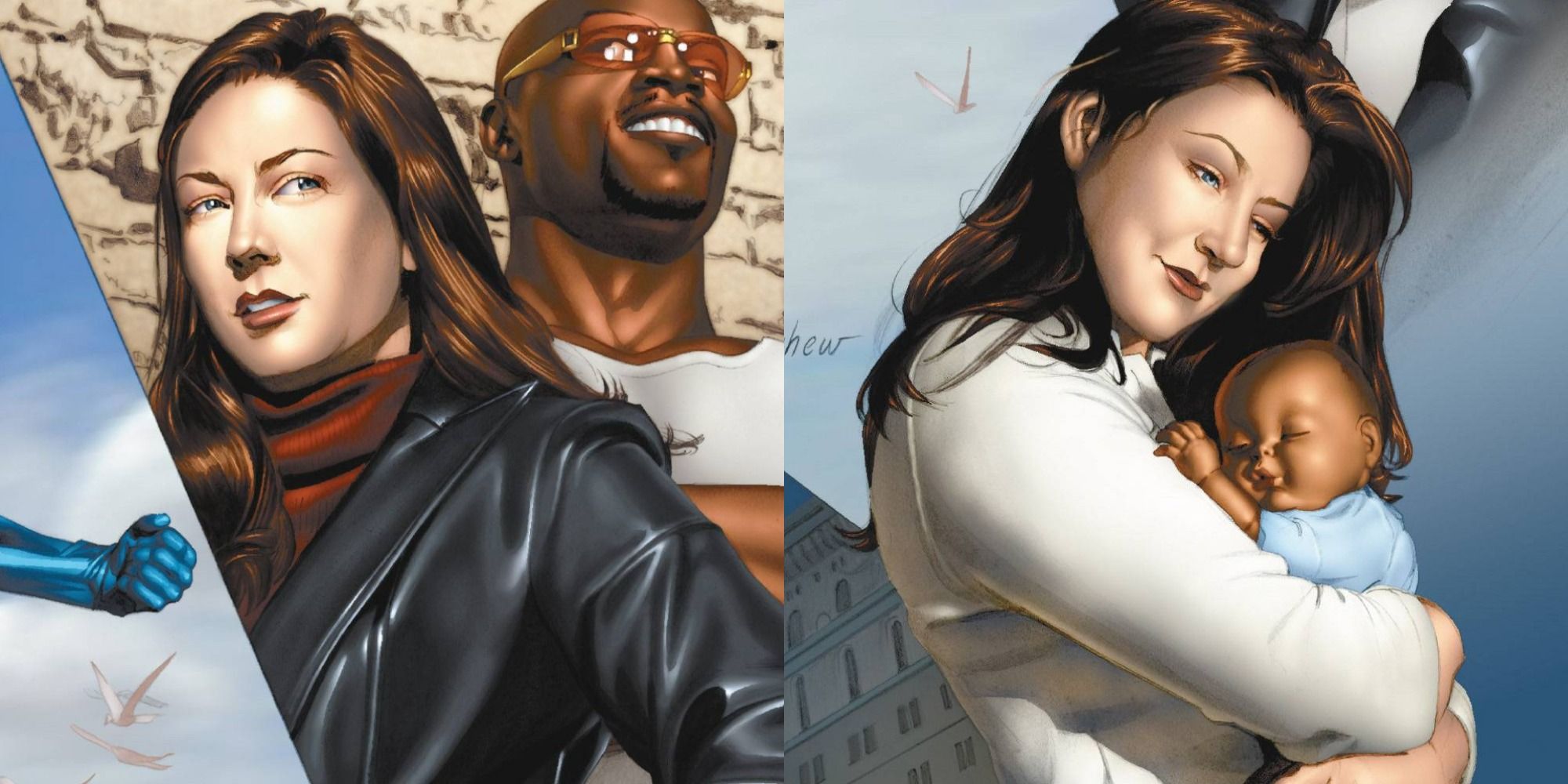side by side image of Luke Cage And Jessica Jones and Jessica Jones cradling their baby