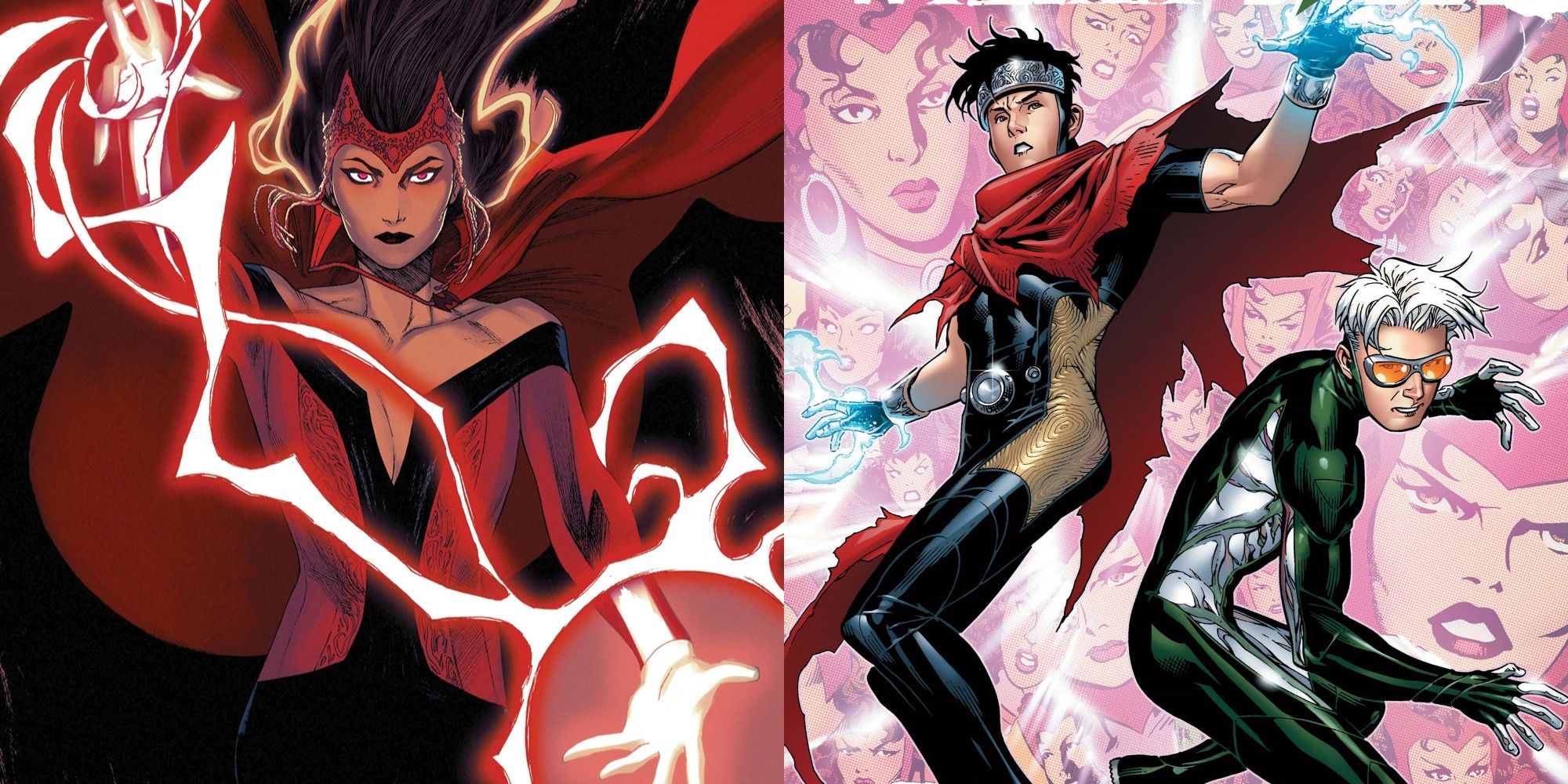 side by side image of the Scarlet Witch and her reincarnated sons Tommy Shepherd And Billy Kaplan