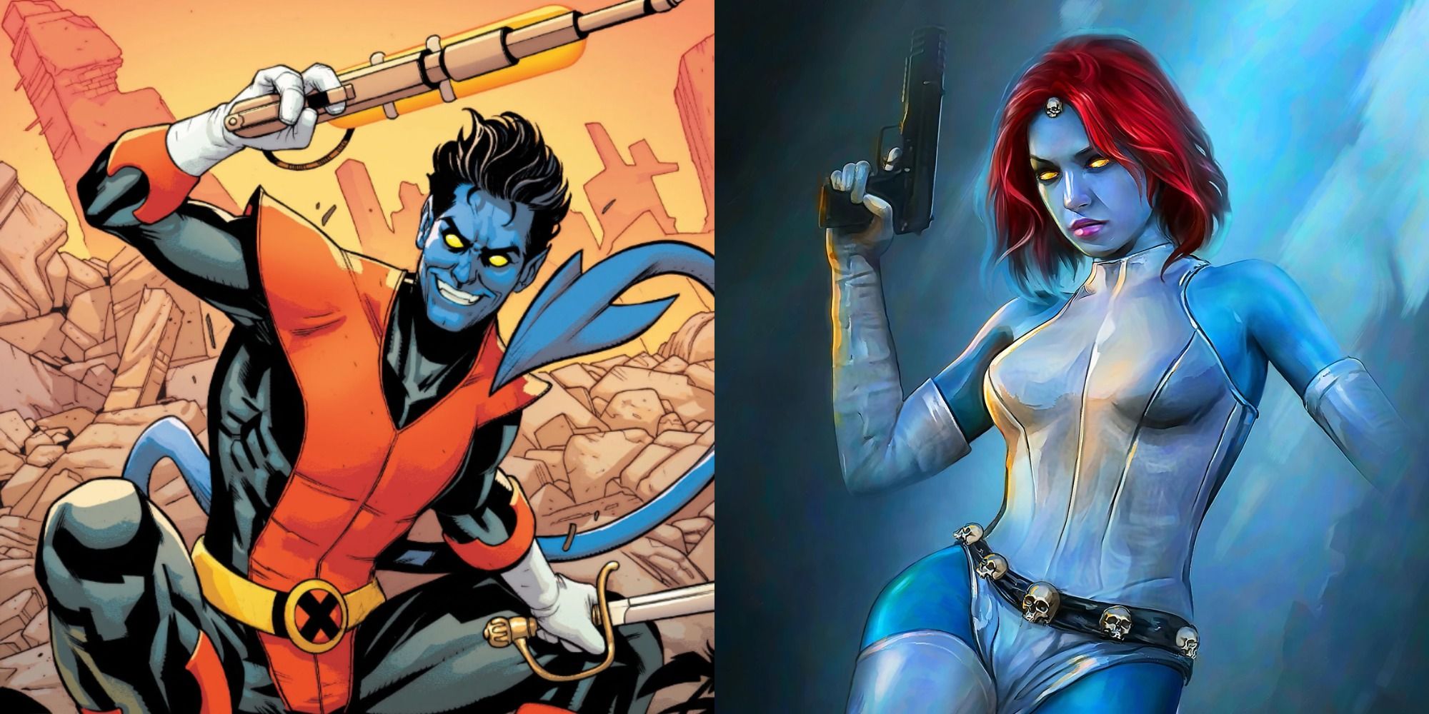 side by side image of the X-Man Nightcrawler (Kurt Wagner) and his mother, the villain Mystique