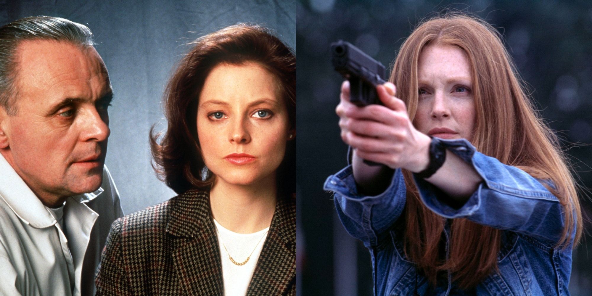 side by side images of Anthony Hopkins, Jodie Foster and Julianne Moore in the Hannibal Lecter films