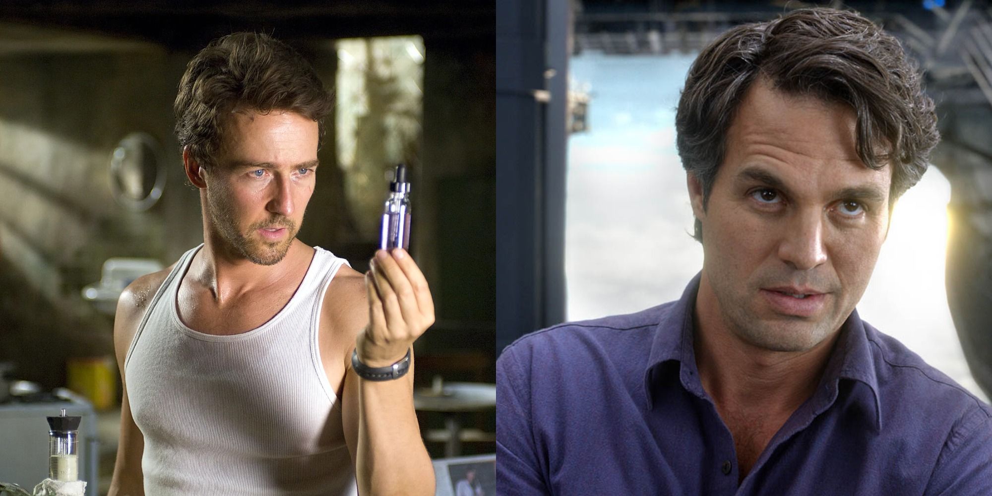 side by side images of Edward Norton and Mark Ruffalo as Bruce BannerHulk in the MCU