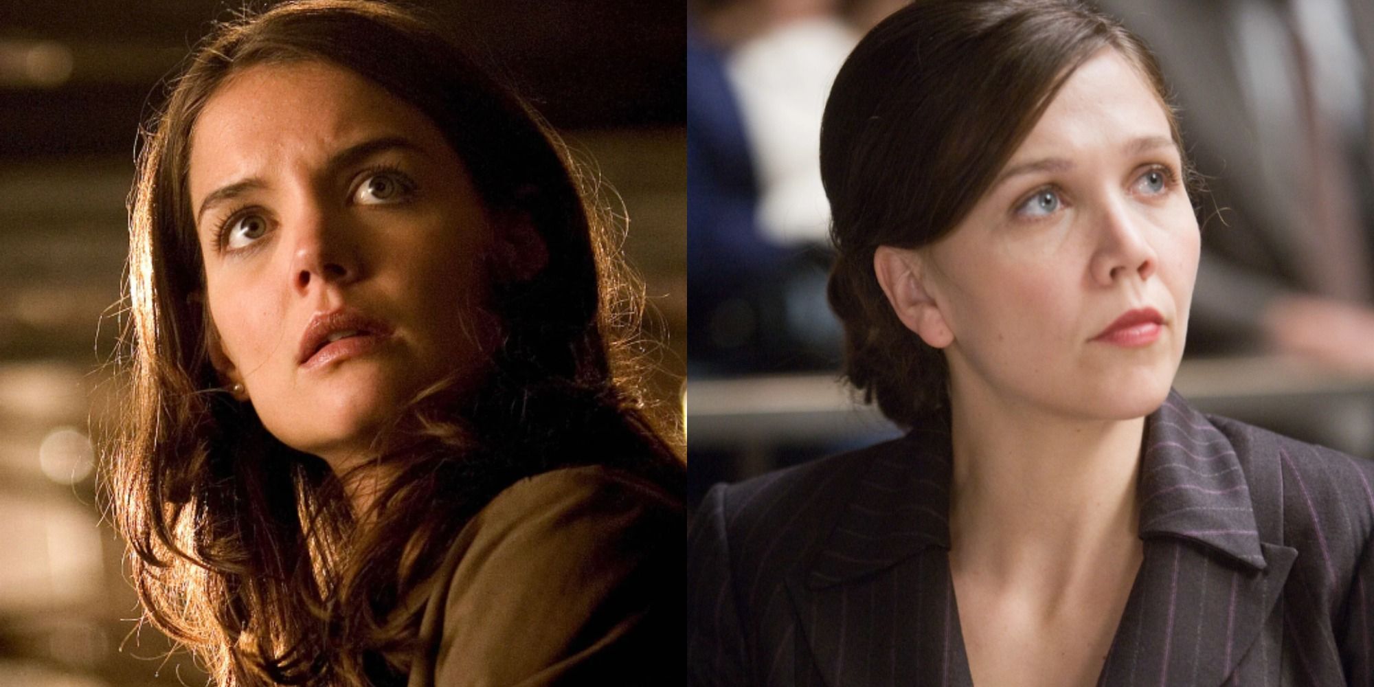 side by side images of Katie Holmes in Batman Begins and Maria Bello in The Dark Knight as Rachel
