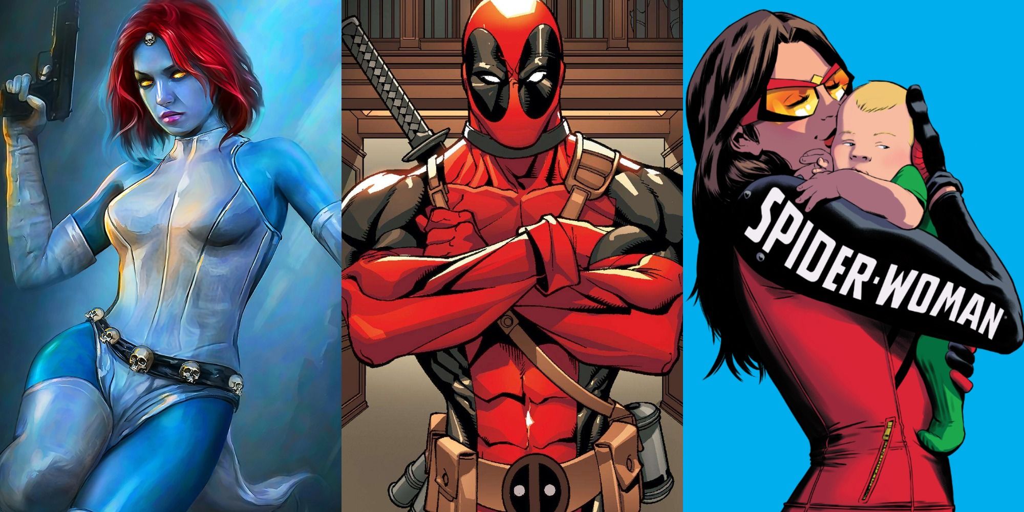 Side by side images of Mystique, Deadpool, and Spider-Woman holding her baby