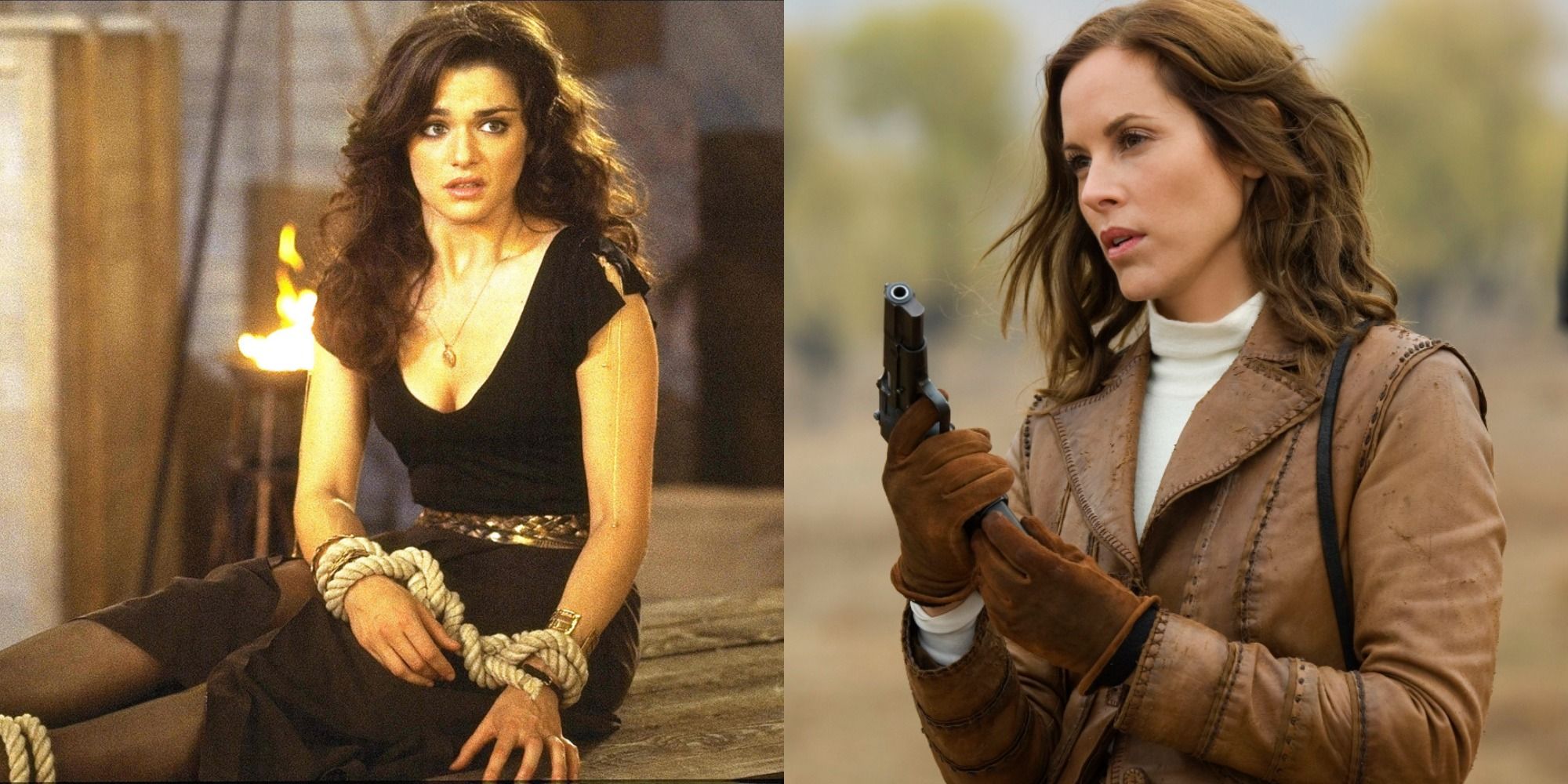 Side by side images of Rachel Weisz and Maria Bello as Evelyn Carnahan in The Mummy films