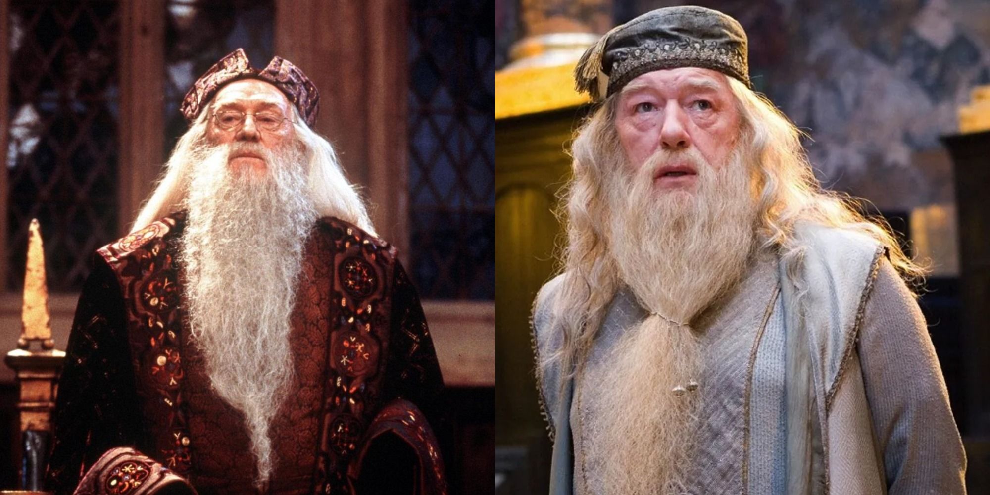 side by side images of Richard Harris and Michael Gambon as Dumbledore in the Harry Potter films
