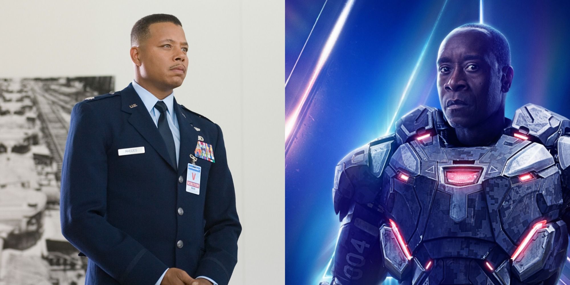 side by side images of Terrence Howard and Don Cheadle as War Machine/James Rhodes in the MCU