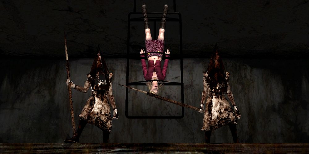 Pyramid Heads hold a woman captive in Silent Hill 2