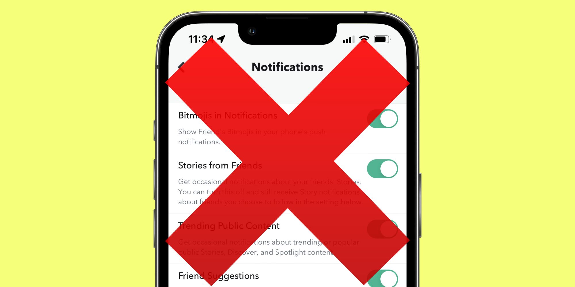 Snapchat's notifications settings on iPhone covered by red X
