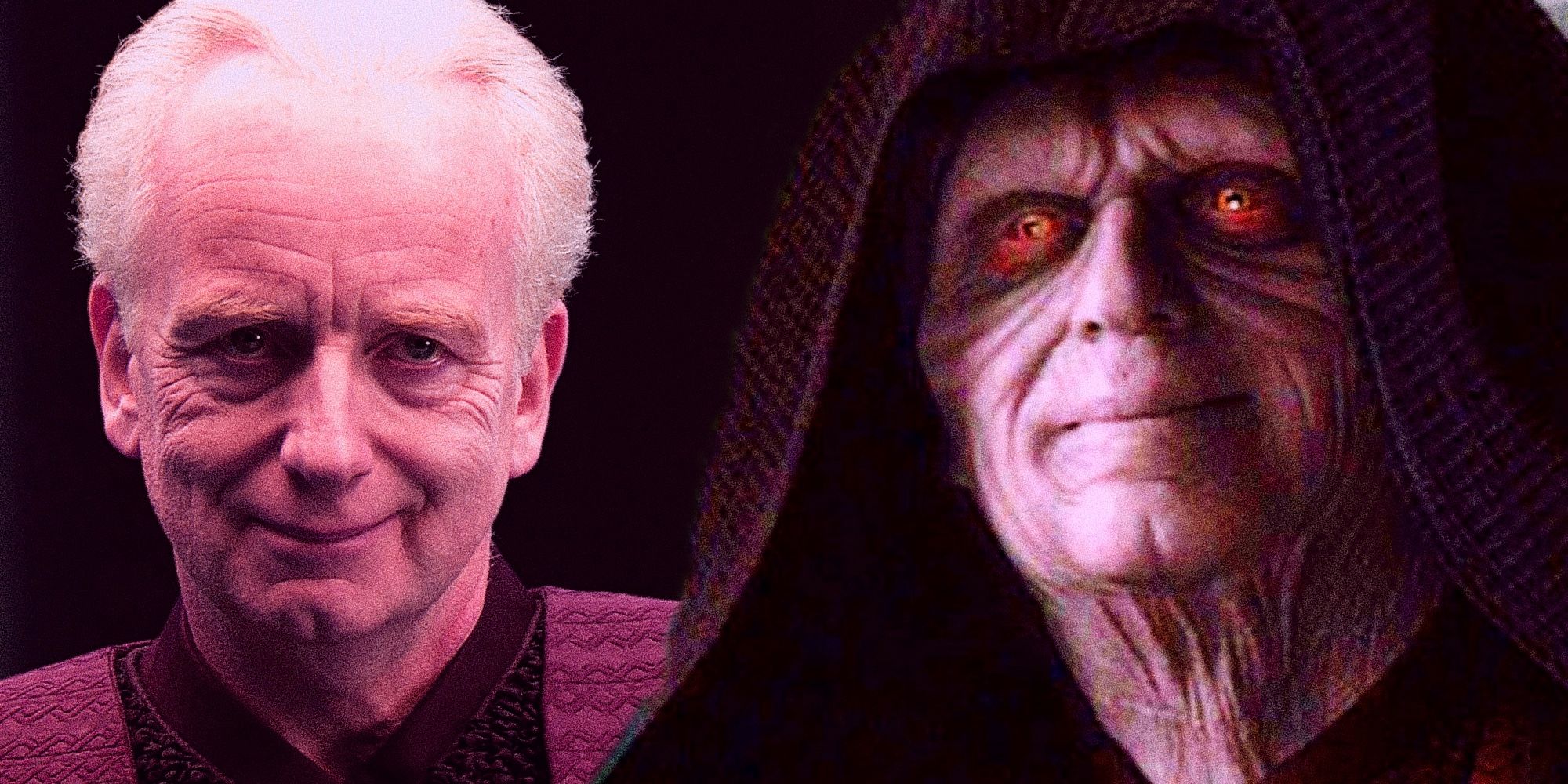 Palpatine's iconic smirk is shown next to his equally iconic Emperor appearance.